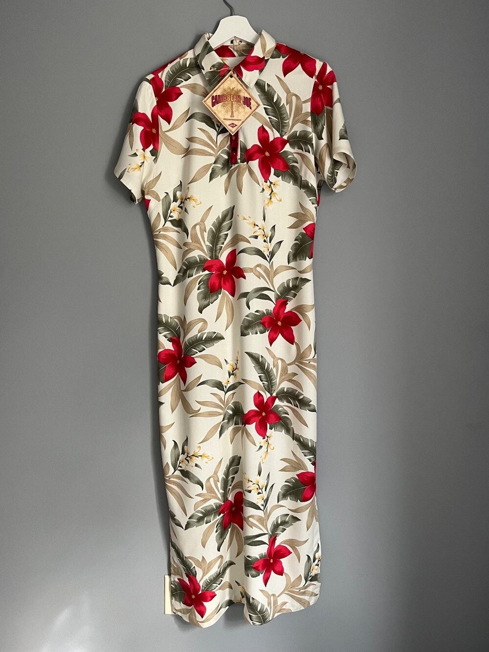 Caribbean Joe NWT Women's Tropical Hawaiian Rayon Maxi Dress M Cream Red Resort
